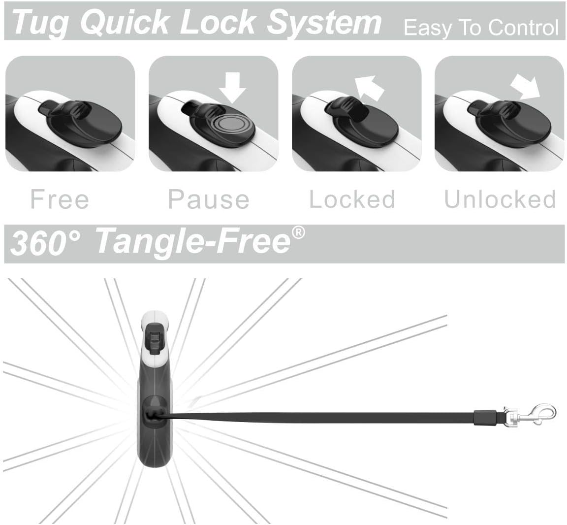 360° Tangle-Free Retractable Dog Leash | 16 Ft Strong Nylon Tape | One-Handed Brake, Pause, Lock (Large, White)