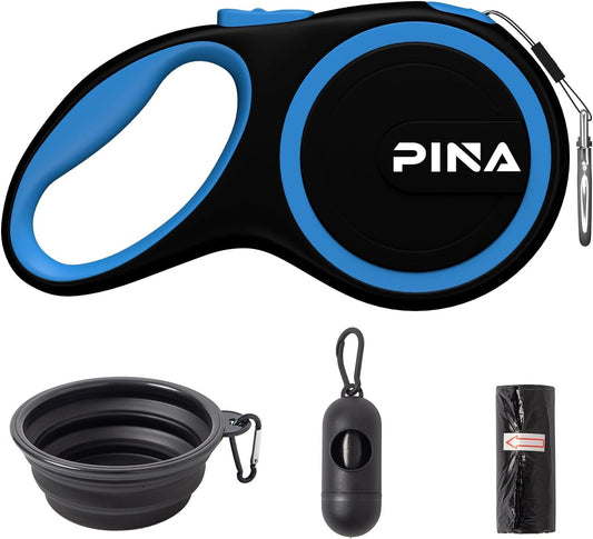 Retractable Dog Leash, 26Ft Dog Leash for Small Medium Large Dogs up to 110Lbs, 360° Tangle-Free Strong Reflective Nylon Tape, with Anti-Slip Handle, One-Handed Brake, Lock - Black Blue