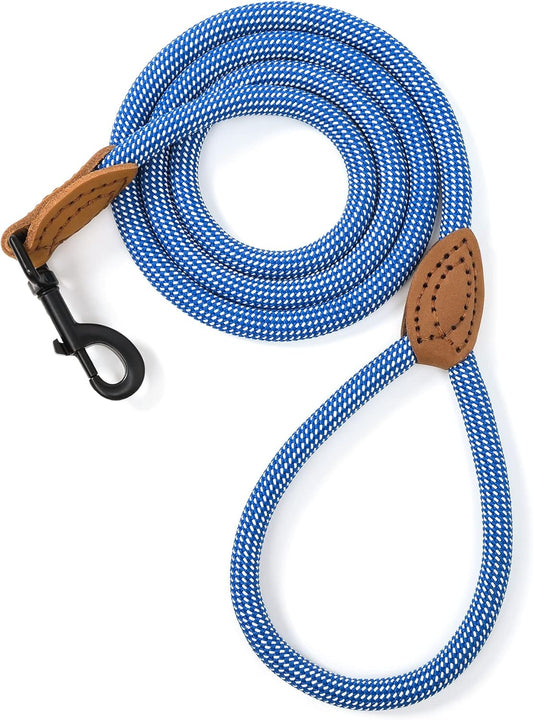 Heavy Duty Rope Leash with Genuine Leather Connection for Medium & Large Dogs, Available in 6 FT, 5 FT, and 4 FT Lengths (Blue White, 60 Inch)