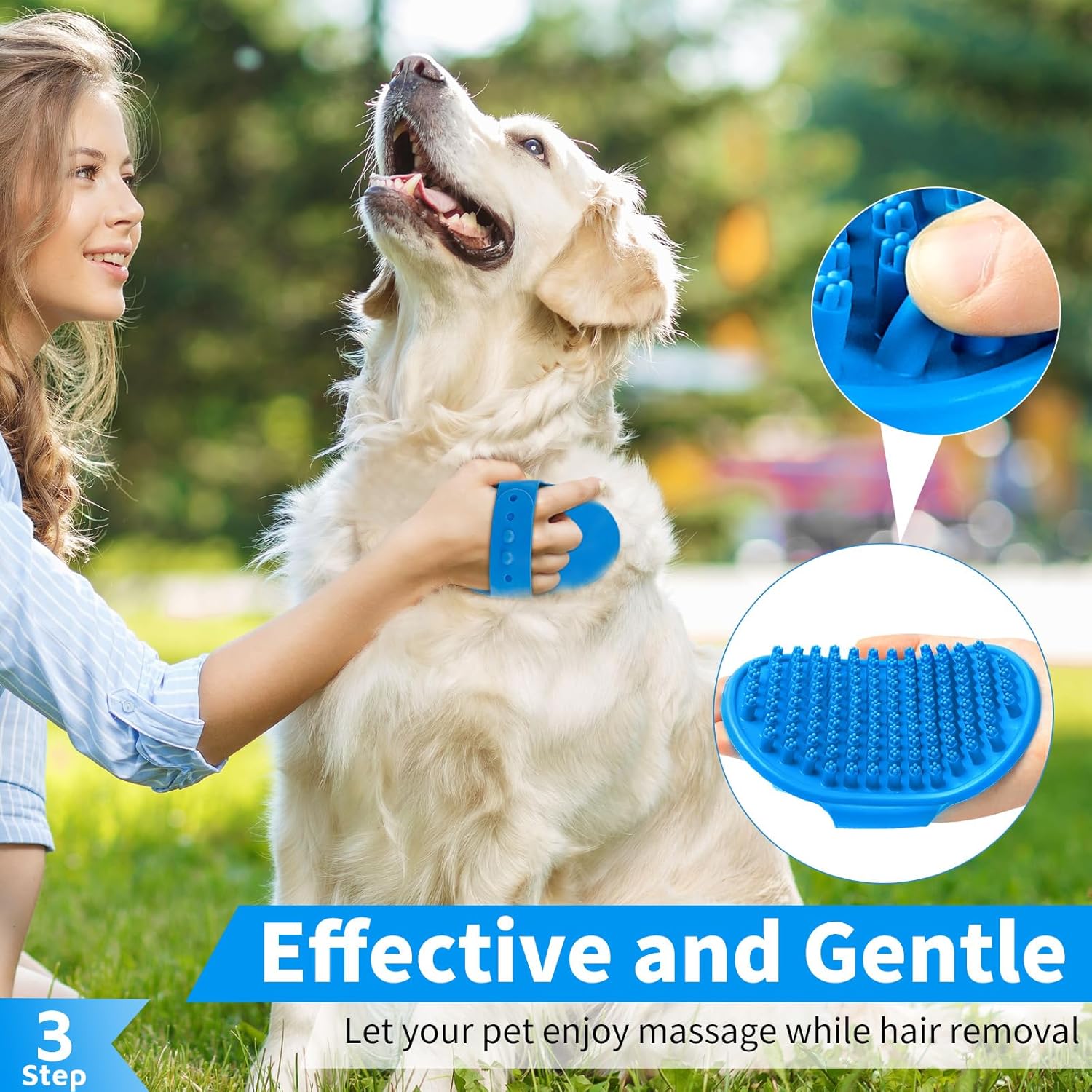 3PCS Dog Bath Brush | Dog Shampoo Brush | Dog Scrubber for Bath | Dog Bath Brush Scrubber | Dog Shower/Washing Brush with Adjustable Ring Handle for Short & Long Hair (Blue Blue Blue)
