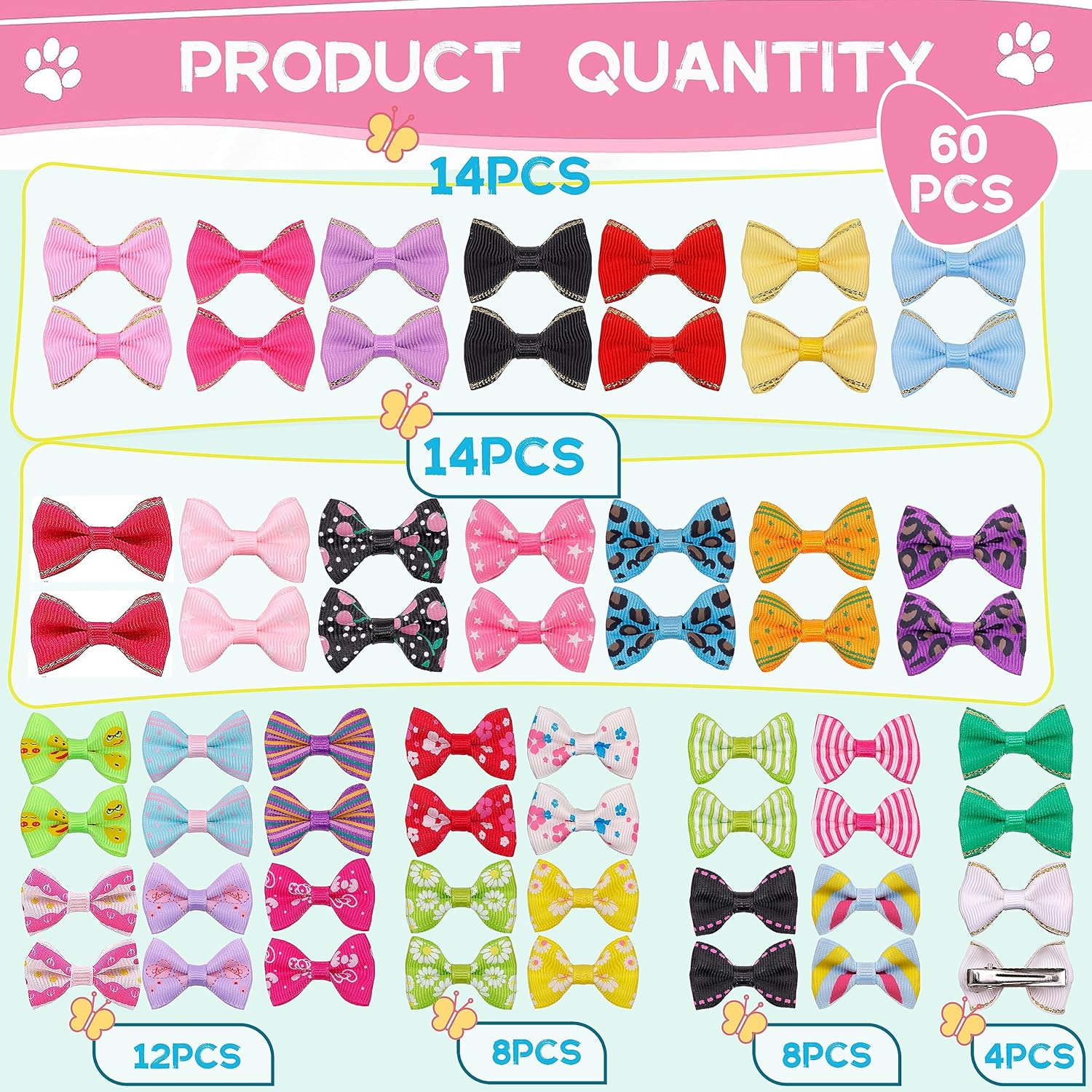 60PCS (30 Paris) Cute Puppy Dog Small Bowknot Hair Bows with Metal Clips Handmade Hair Accessories Bow Pet Grooming Products (60 Pcs,Cute Patterns)